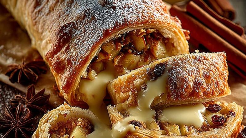 Goldbrauner Apfelstrudel mit Puderzucker auf einem rustikalen Holzbrett