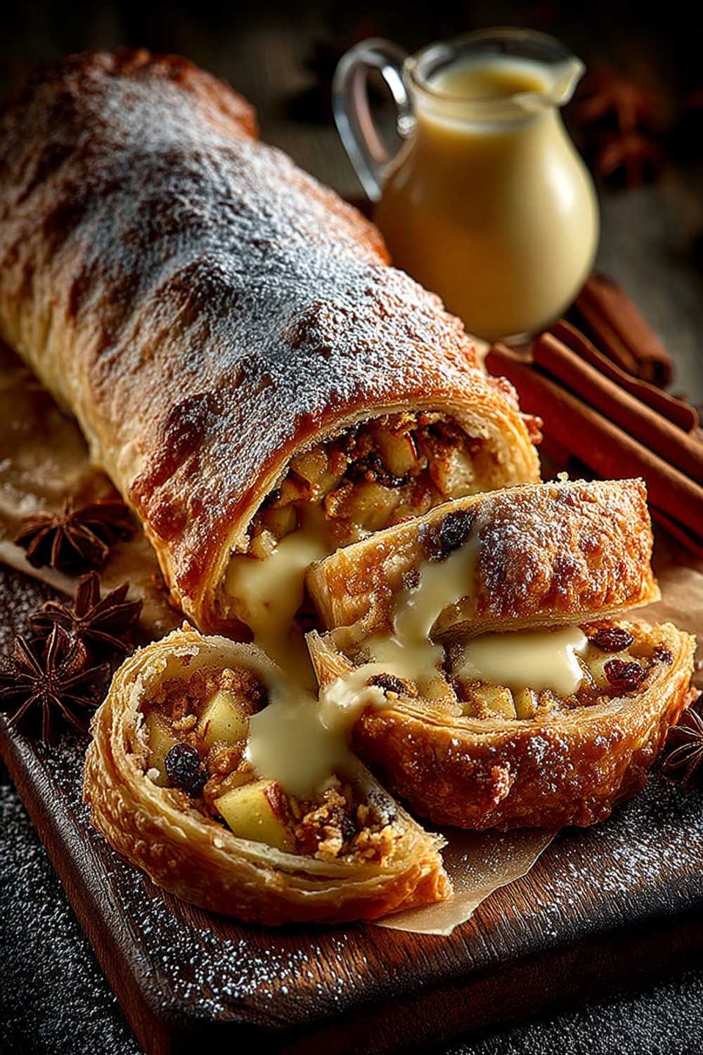 Goldbrauner Apfelstrudel mit Puderzucker auf einem rustikalen Holzbrett