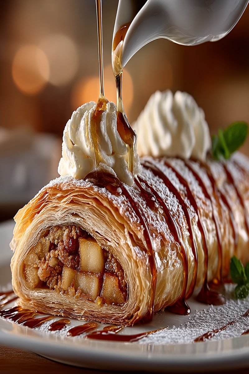 Apfelstrudel Nahaufnahme mit Puderzucker und Vanillesoße