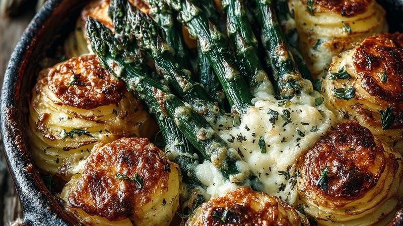 Goldbraun gebackener Auflauf mit grünem Spargel und Kartoffeln in rustikaler Auflaufform von oben fotografiert