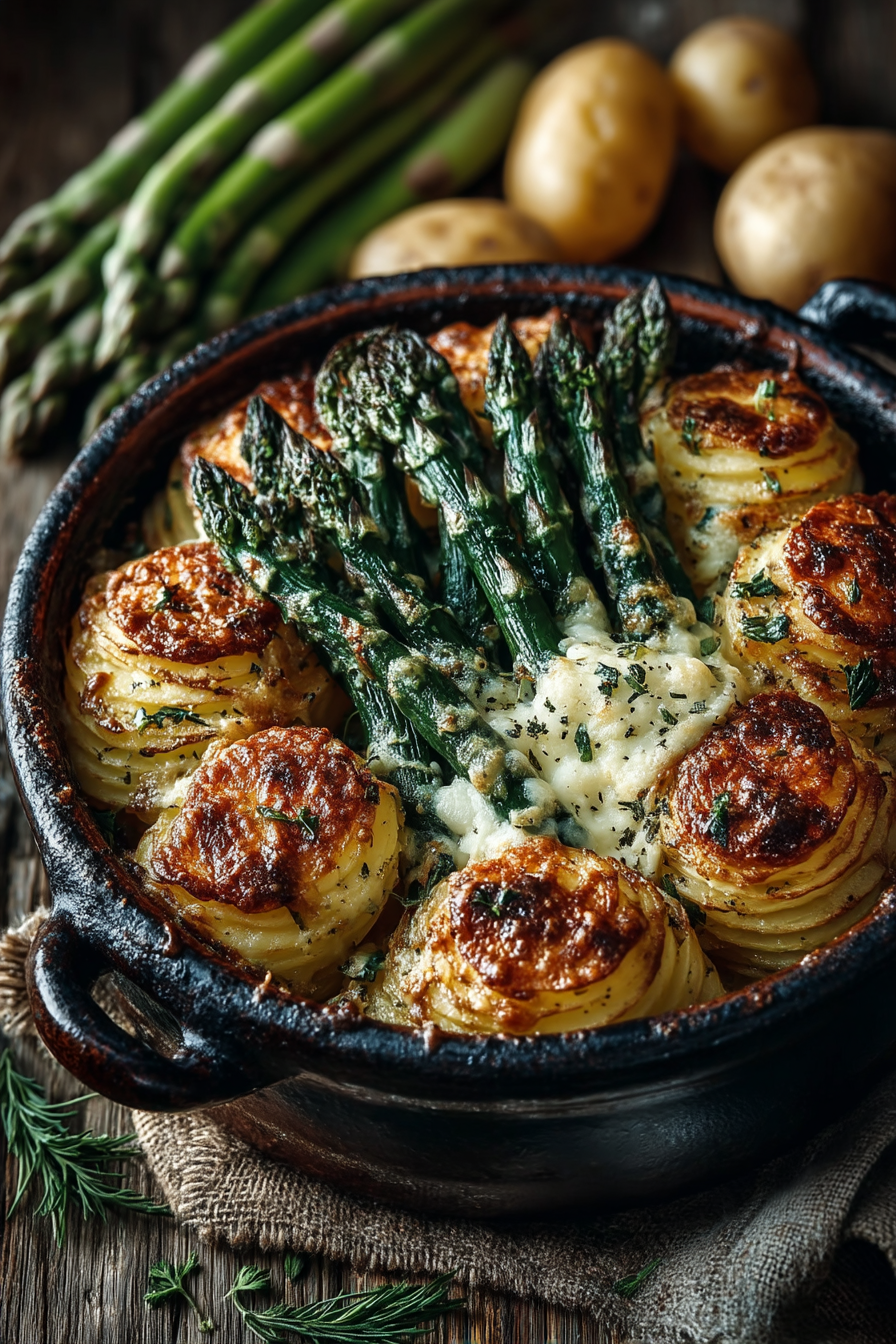 Goldbraun gebackener Auflauf mit grünem Spargel und Kartoffeln in rustikaler Auflaufform von oben fotografiert