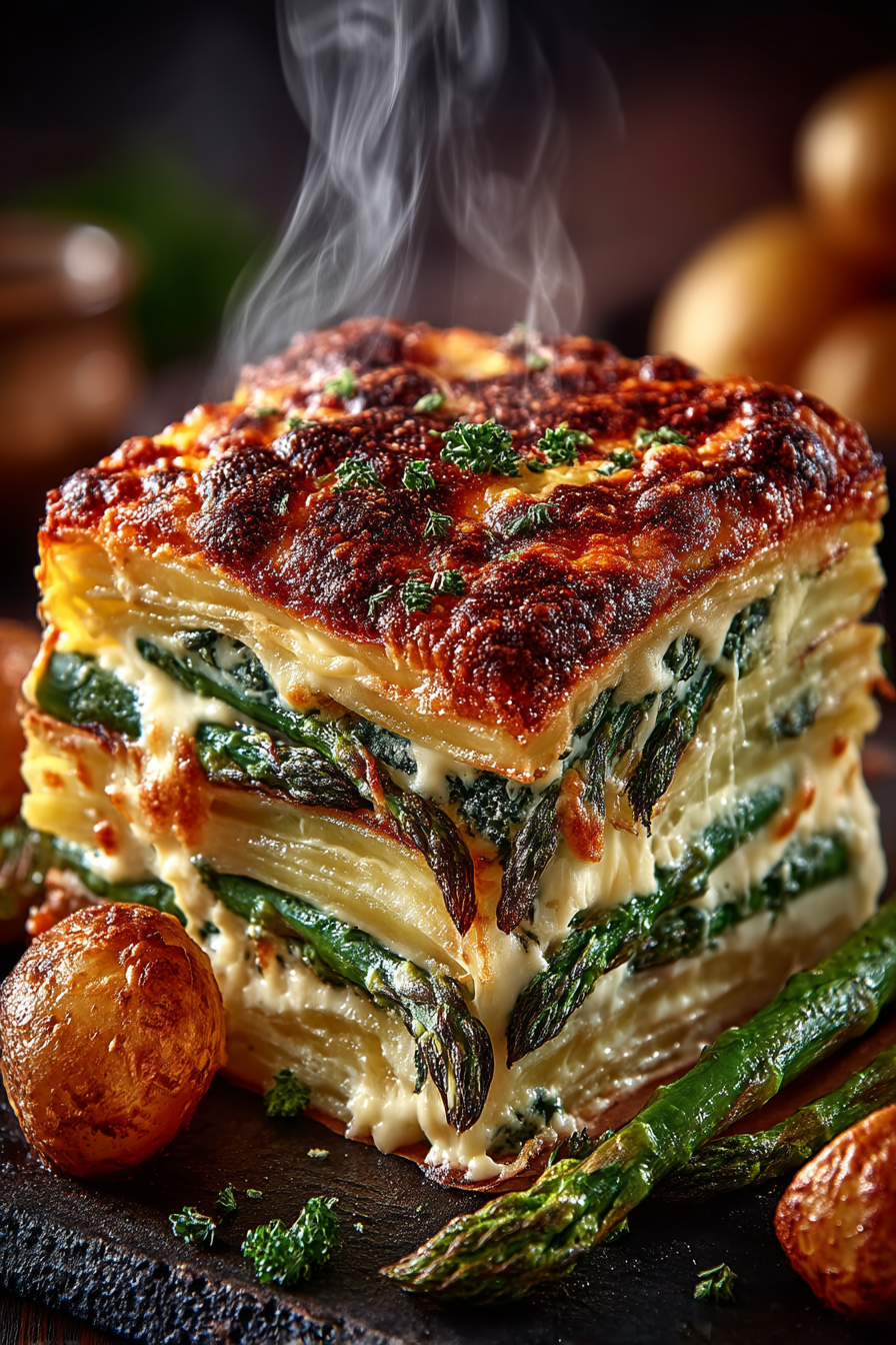 Nahaufnahme eines Auflaufstücks mit sichtbaren Spargelspitzen und cremiger Kartoffelschicht im 45-Grad-Winkel