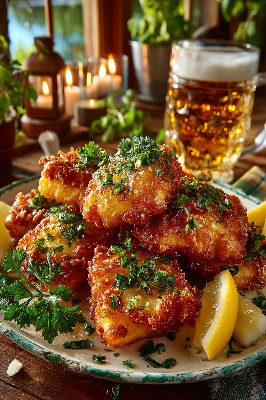 Goldbraun frittierter Backfisch im Bierteig auf weißem Teller mit Zitronenscheiben