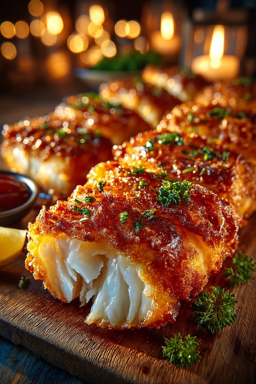 Nahaufnahme von knusprigem Bierteig mit sichtbarer luftiger Struktur und zartem Fischfleisch