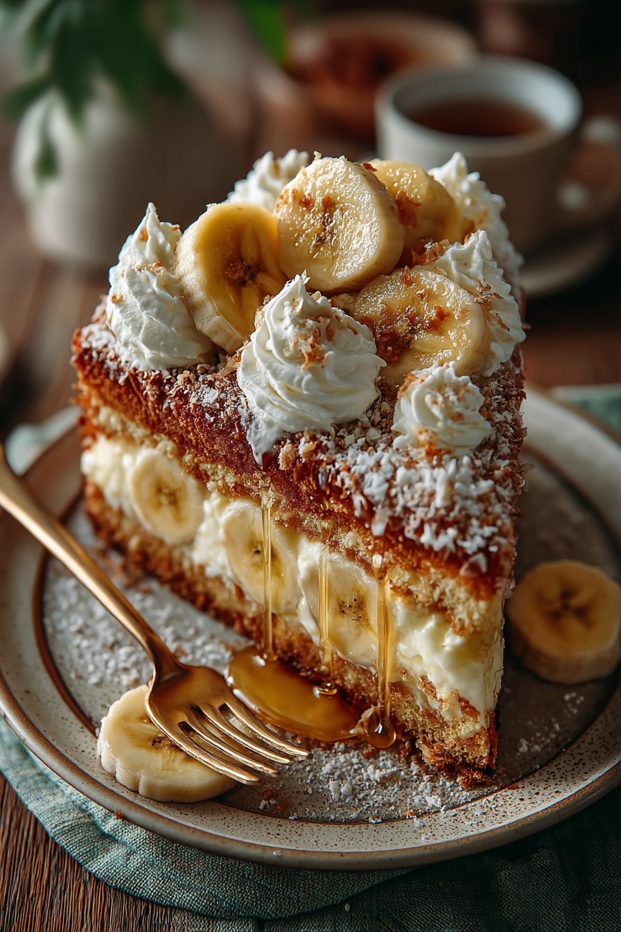 Bananen Pudding Cake von oben fotografiert mit cremiger Sahne und frischen Bananenscheiben