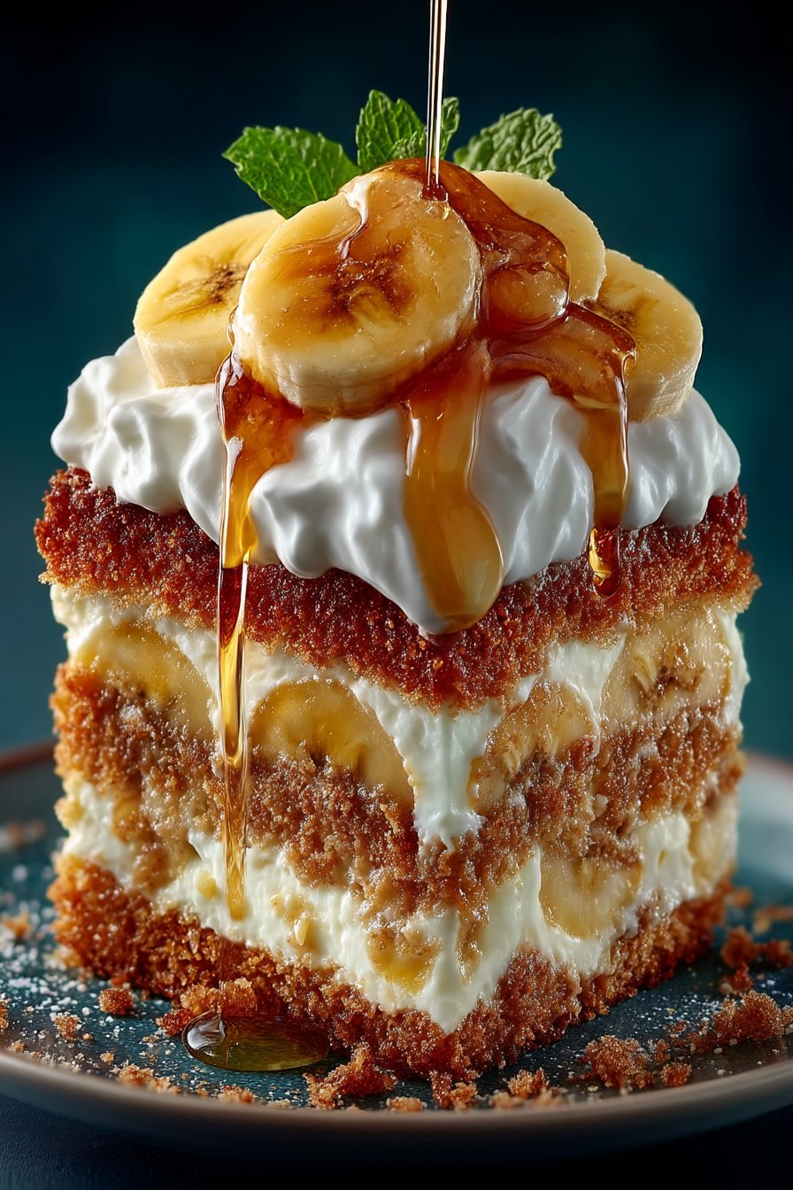 Angeschnittener Bananen Pudding Cake zeigt die Schichten aus Biskuit, Bananen und Vanillepudding