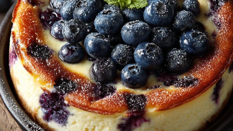 Blaubeer-Käsekuchen von oben fotografiert mit goldbrauner Oberfläche und bläulichen Beeren-Spuren
