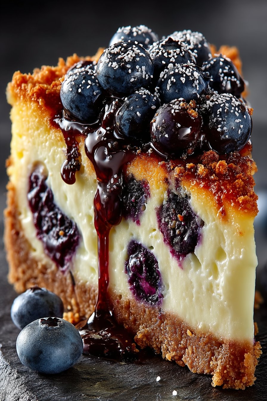 Angeschnittener Blaubeer-Käsekuchen mit cremiger Quarkmasse und sichtbaren Blaubeeren im Inneren