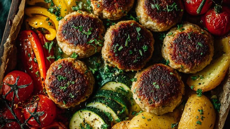 Saftige Hackfleisch-Buletten mit buntem Ofengemüse auf einem Backblech, goldbraun geröstete Kartoffelspalten und karamellisierte Tomaten