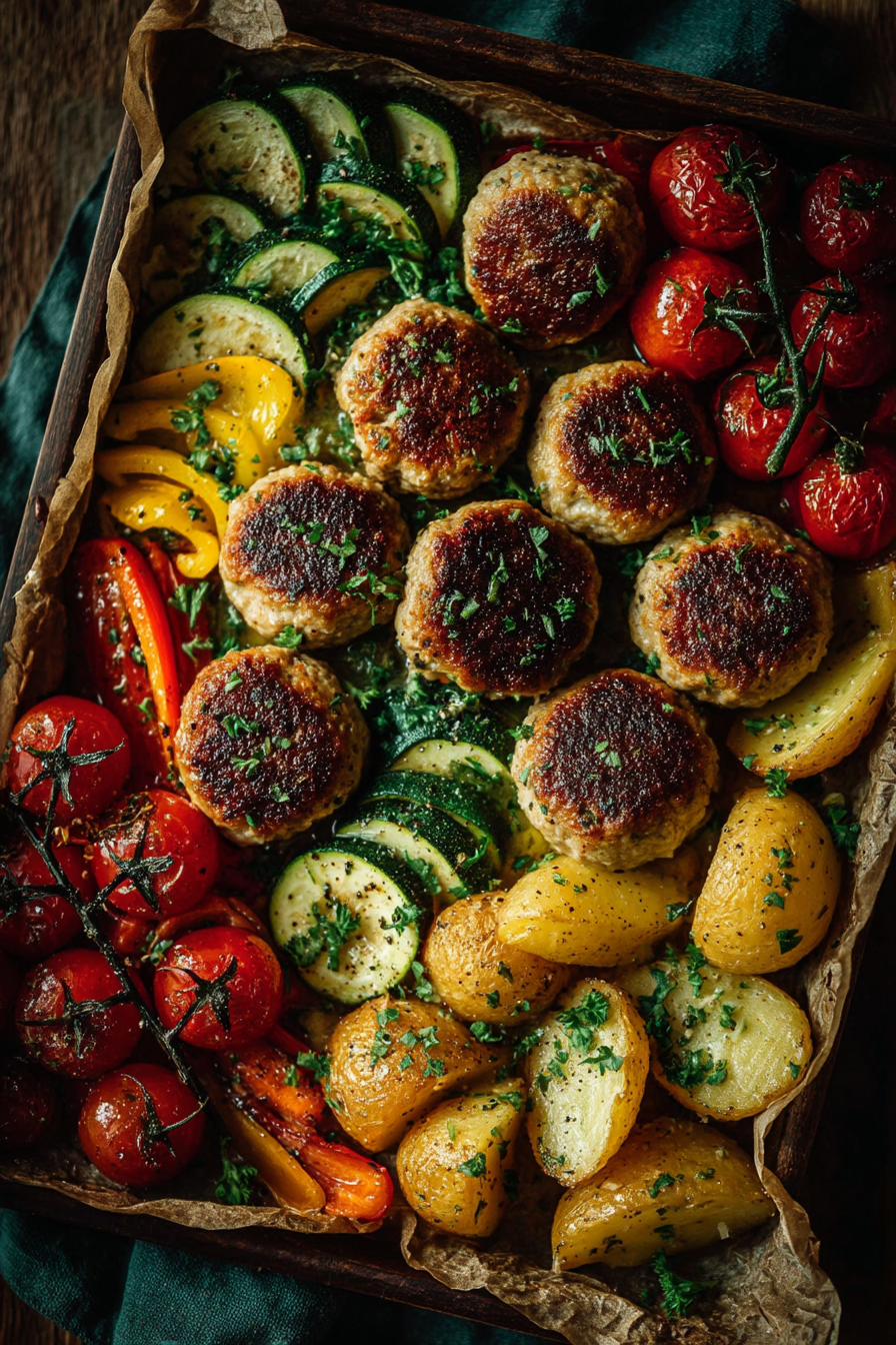Saftige Hackfleisch-Buletten mit buntem Ofengemüse auf einem Backblech, goldbraun geröstete Kartoffelspalten und karamellisierte Tomaten