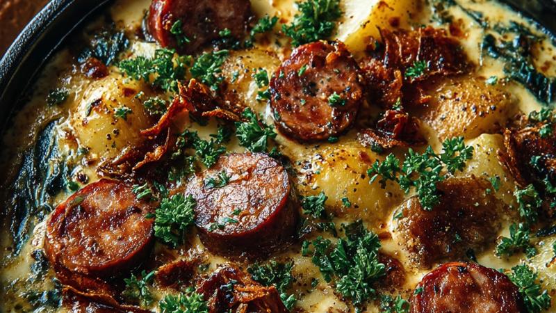 Cremiger Kartoffel-Käse-Eintopf mit Mettenden in rustikalem Topf, dampfend heiß serviert mit frischer Petersilie