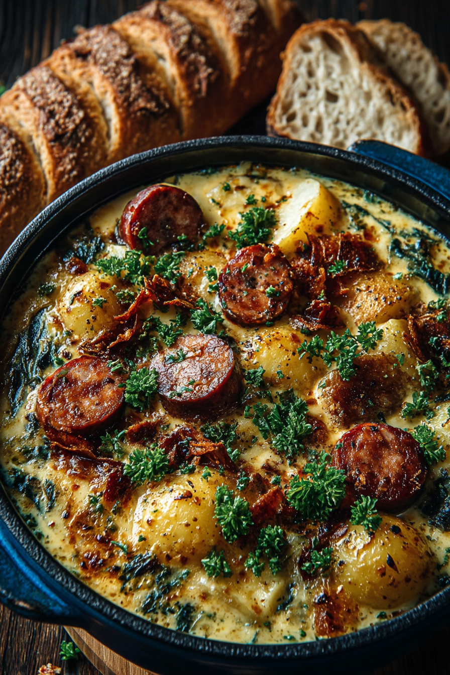 Cremiger Kartoffel-Käse-Eintopf mit Mettenden in rustikalem Topf, dampfend heiß serviert mit frischer Petersilie