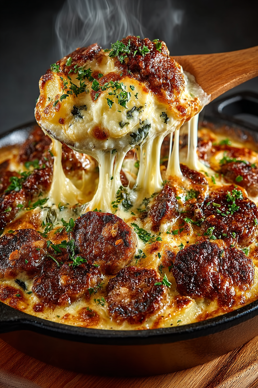 Nahaufnahme eines Löffels mit cremigem Kartoffel-Käse-Eintopf, der goldene Käsefäden zieht