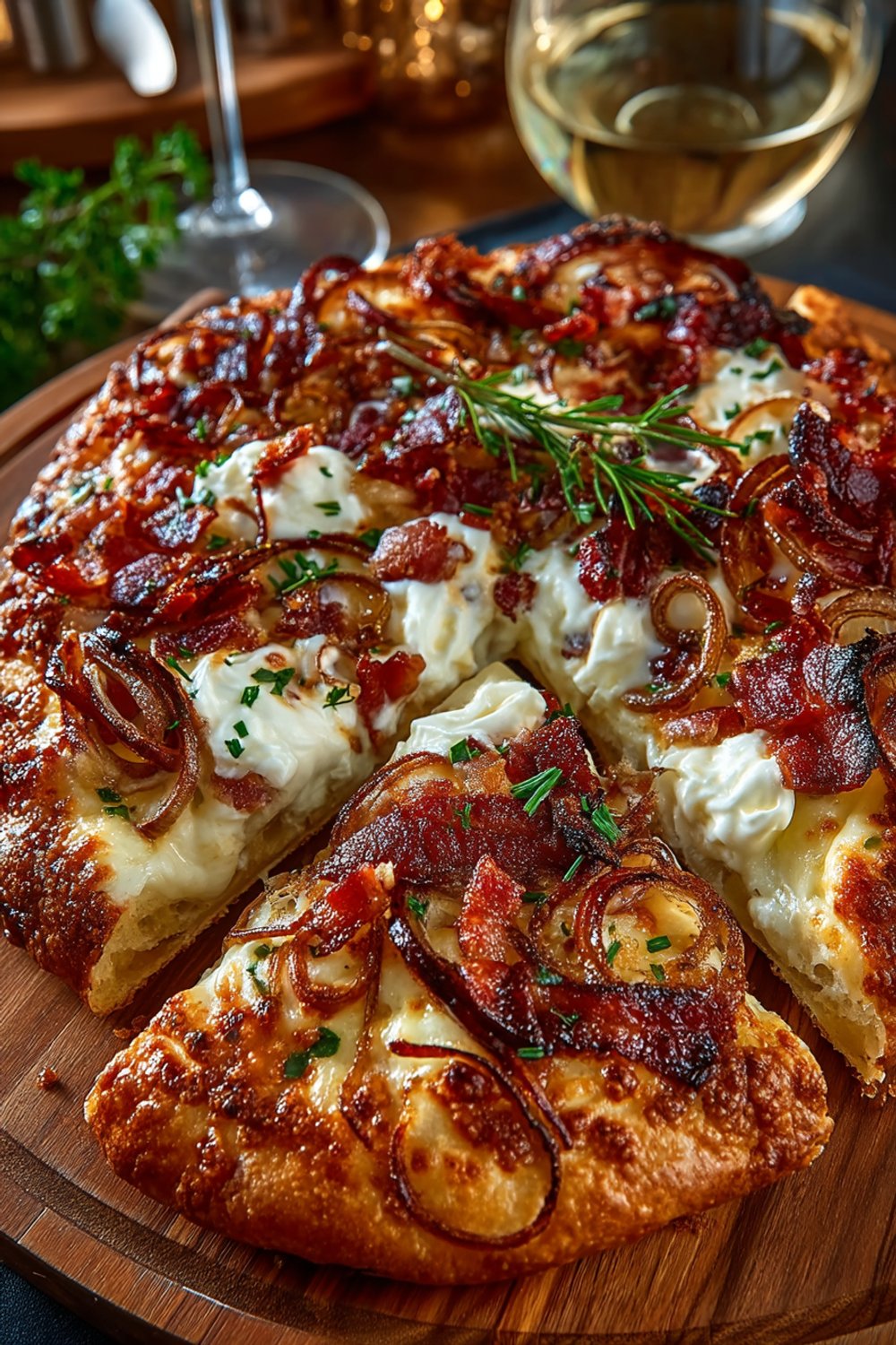 Knuspriger Flammkuchen mit Speck und Zwiebeln auf einem Holzbrett