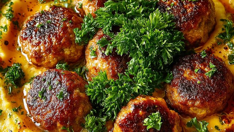 Frikadellen auf cremigen Möhren-Kartoffeln serviert auf weißem Teller mit frischer Petersilie garniert