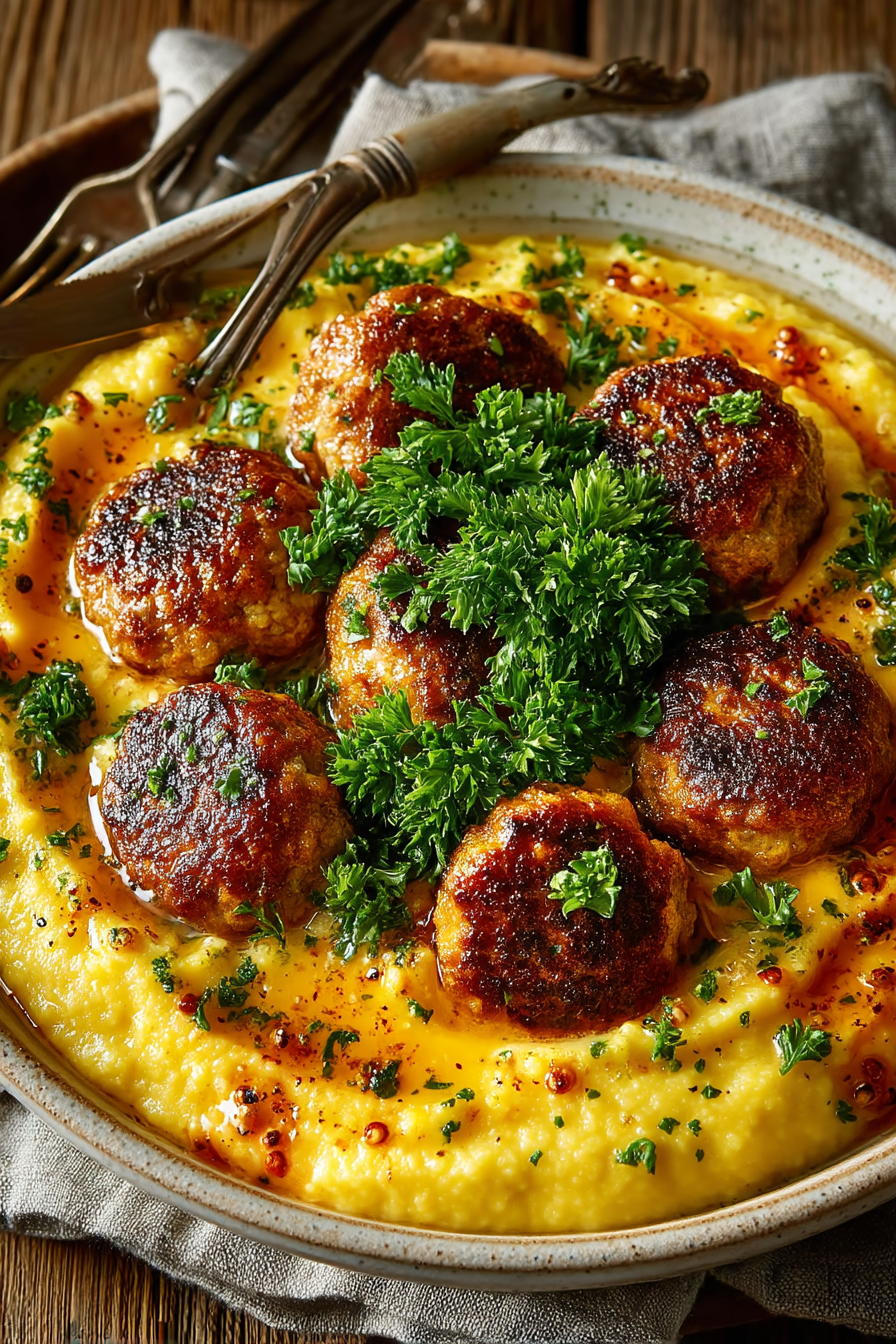 Frikadellen auf cremigen Möhren-Kartoffeln serviert auf weißem Teller mit frischer Petersilie garniert