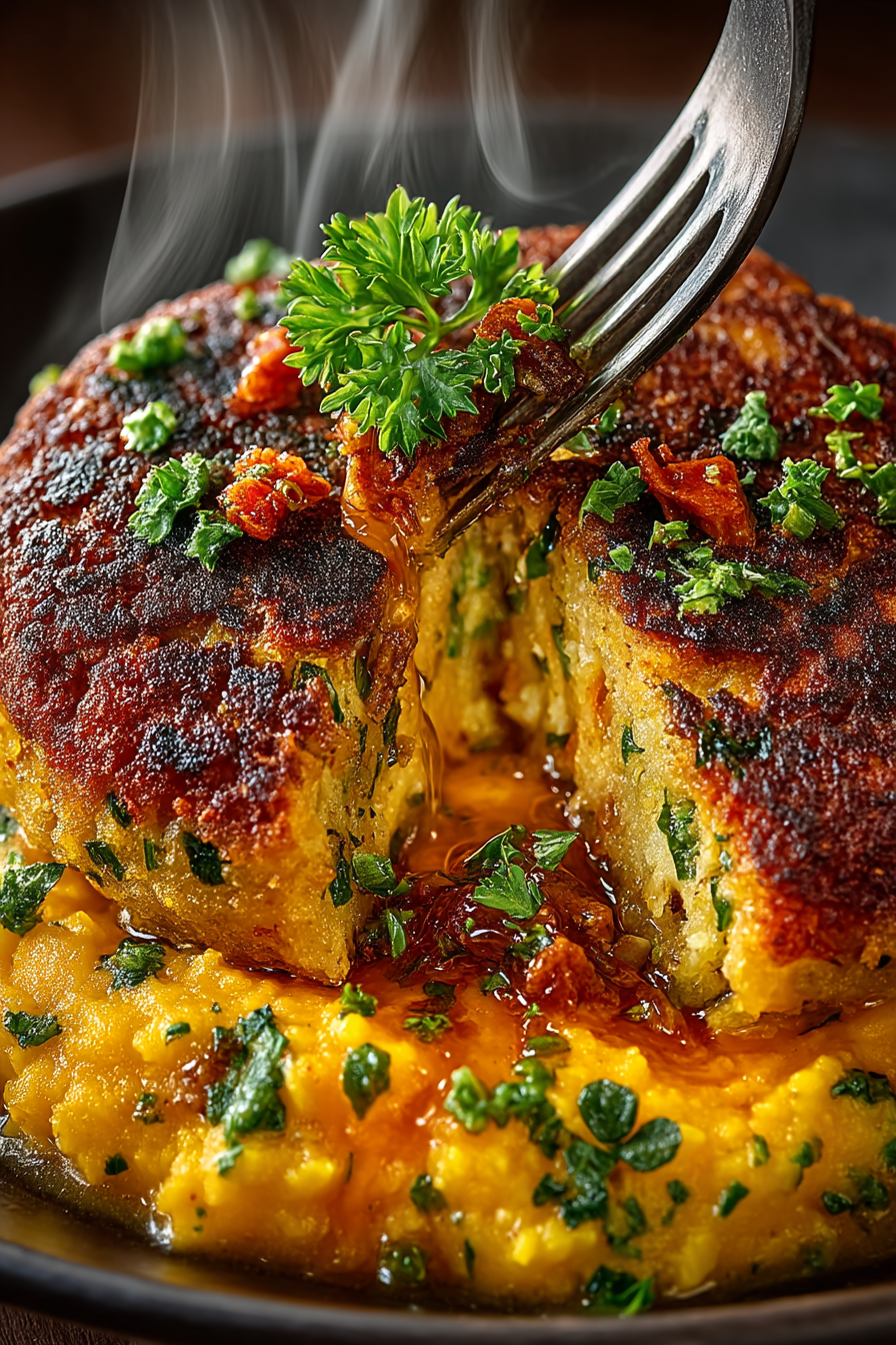 Nahaufnahme einer Gabel, die eine saftige Frikadelle durchschneidet und die cremigen Möhren-Kartoffeln aufnimmt