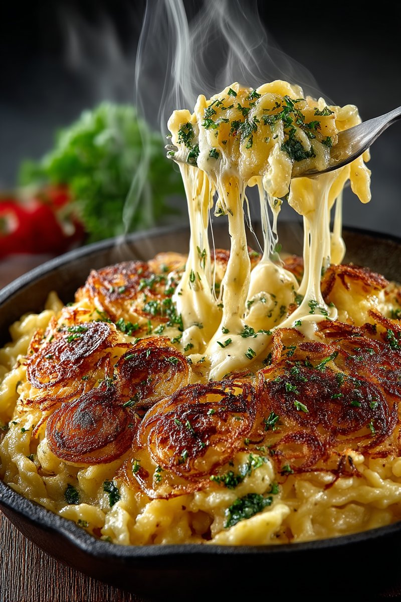 Käsespätzle mit goldbraunem Käse und Röstzwiebeln