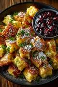 Goldgelber Kaiserschmarrn in Stücken gerissen mit Puderzucker bestäubt auf rustikalem Holzteller