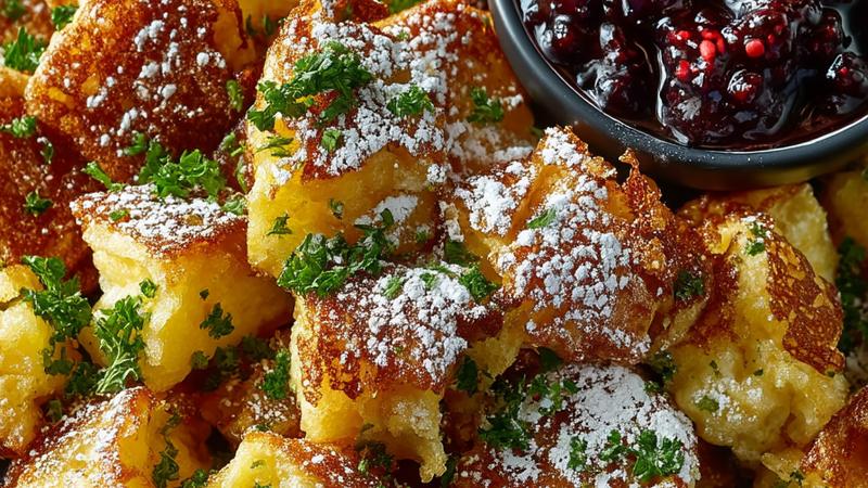 Goldgelber Kaiserschmarrn in Stücken gerissen mit Puderzucker bestäubt auf rustikalem Holzteller