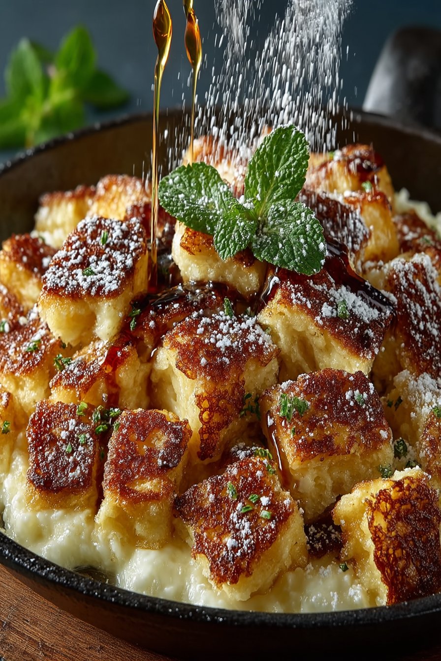 Kaiserschmarrn wird in der Pfanne mit zwei Gabeln in mundgerechte Stücke zerrissen