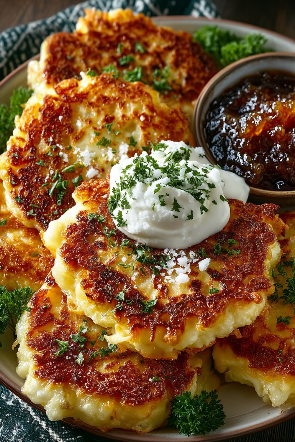 Goldbraune knusprige Kartoffelpuffer gestapelt auf einem Teller mit Apfelmus