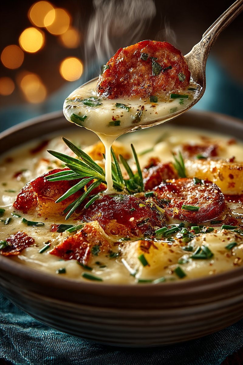 Cremige Kartoffelsuppe mit Würstchen Nahaufnahme