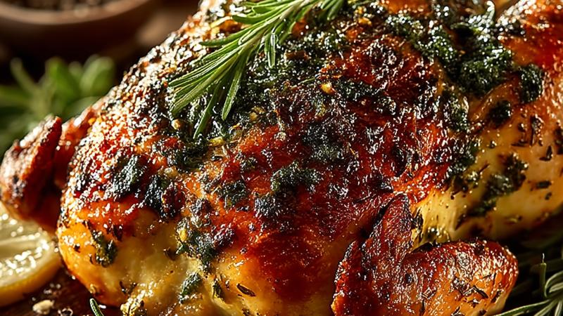 Knuspriges goldbraunes Brathähnchen mit würziger Kräutermarinade von oben fotografiert