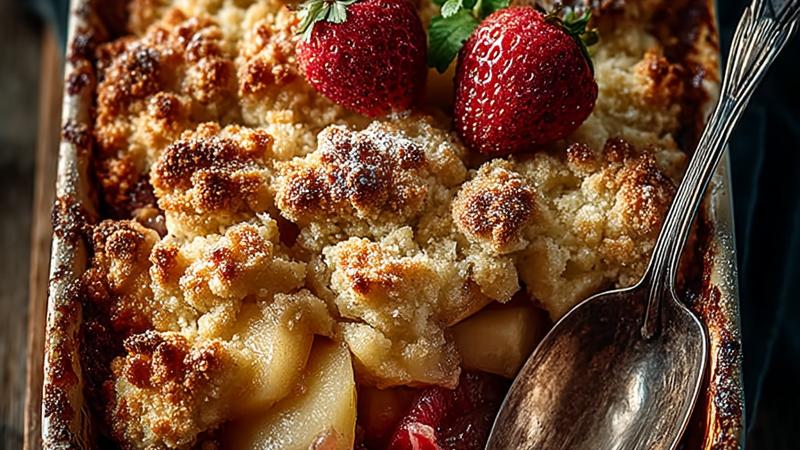Goldbrauner Rhabarber-Crumble mit knusprigen süßen Streuseln in rechteckiger Backform, von oben fotografiert