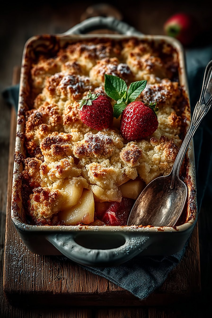 Goldbrauner Rhabarber-Crumble mit knusprigen süßen Streuseln in rechteckiger Backform, von oben fotografiert