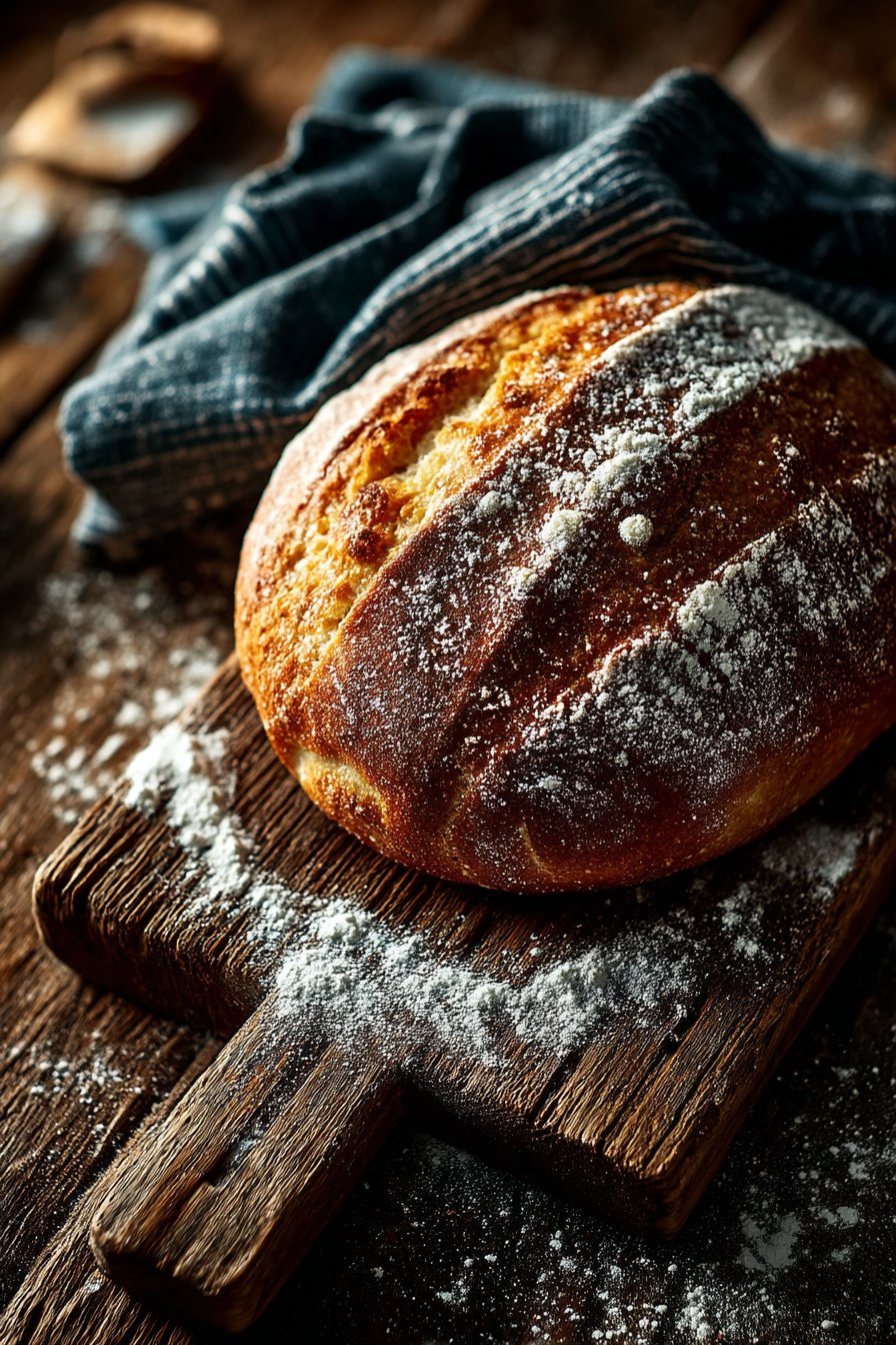 Frisch gebackenes deutsches Sauerteigbrot mit goldbrauner Kruste auf rustikalem Holzbrett