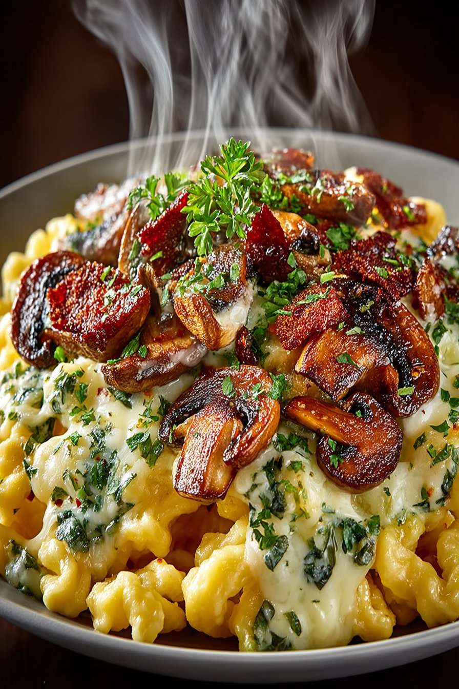 Nahaufnahme der knusprigen Spätzle mit geschmolzenem Käse und saftigen Pilzen