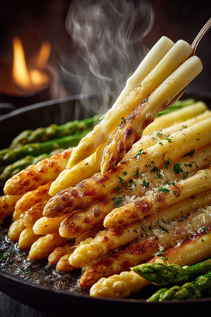 Nahaufnahme von zartem weißem Spargel beim Gartest mit einer Gabel, dampfend im Kochtopf