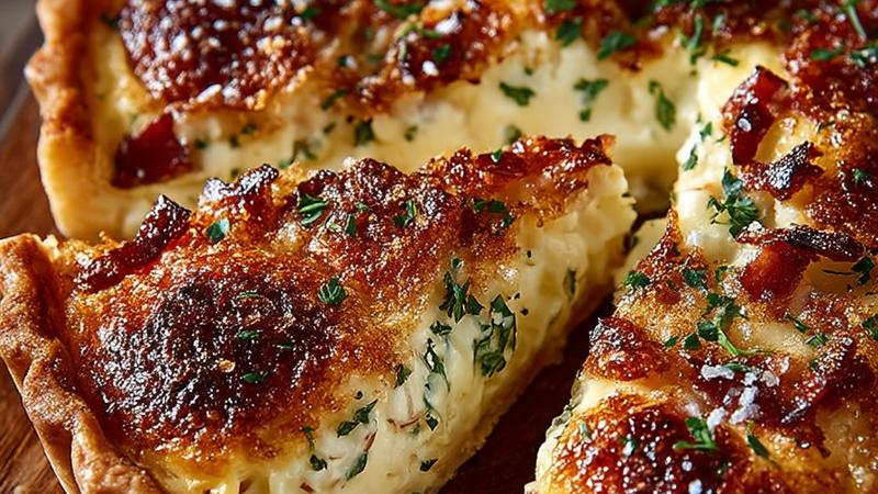 Goldbrauner Zwiebelkuchen auf Backblech von oben fotografiert mit knusprigem Hefeteig und cremigem Zwiebelbelag