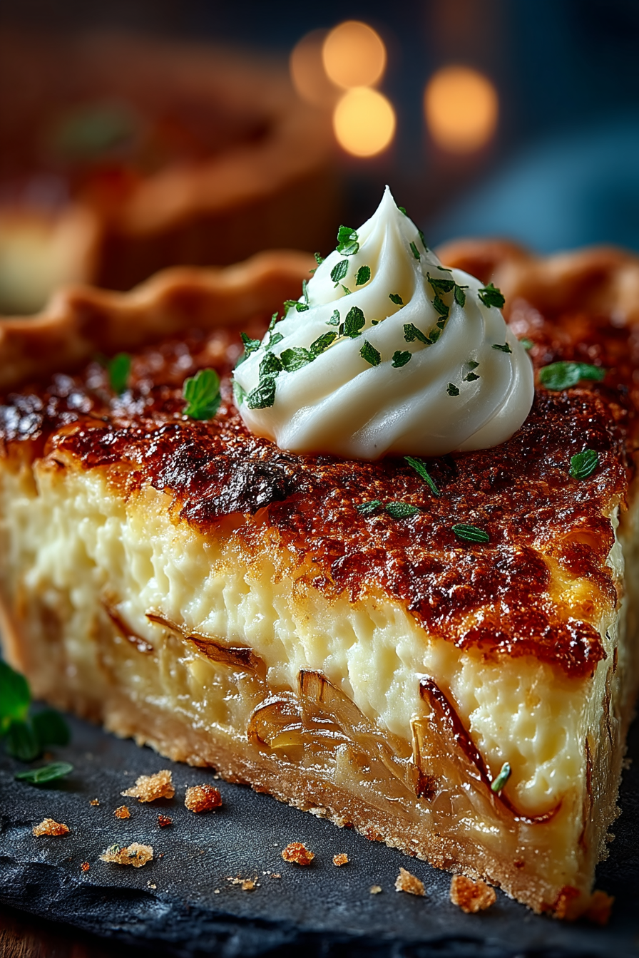 Nahaufnahme eines Zwiebelkuchen-Stücks im 45-Grad-Winkel, das die cremige Füllung und den fluffigen Teigboden zeigt
